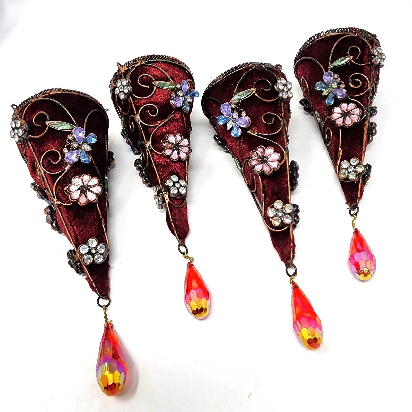 Set Of 4 Victorian Style Hanging Cone Ornaments Velvet Burgundy & Rhinestones