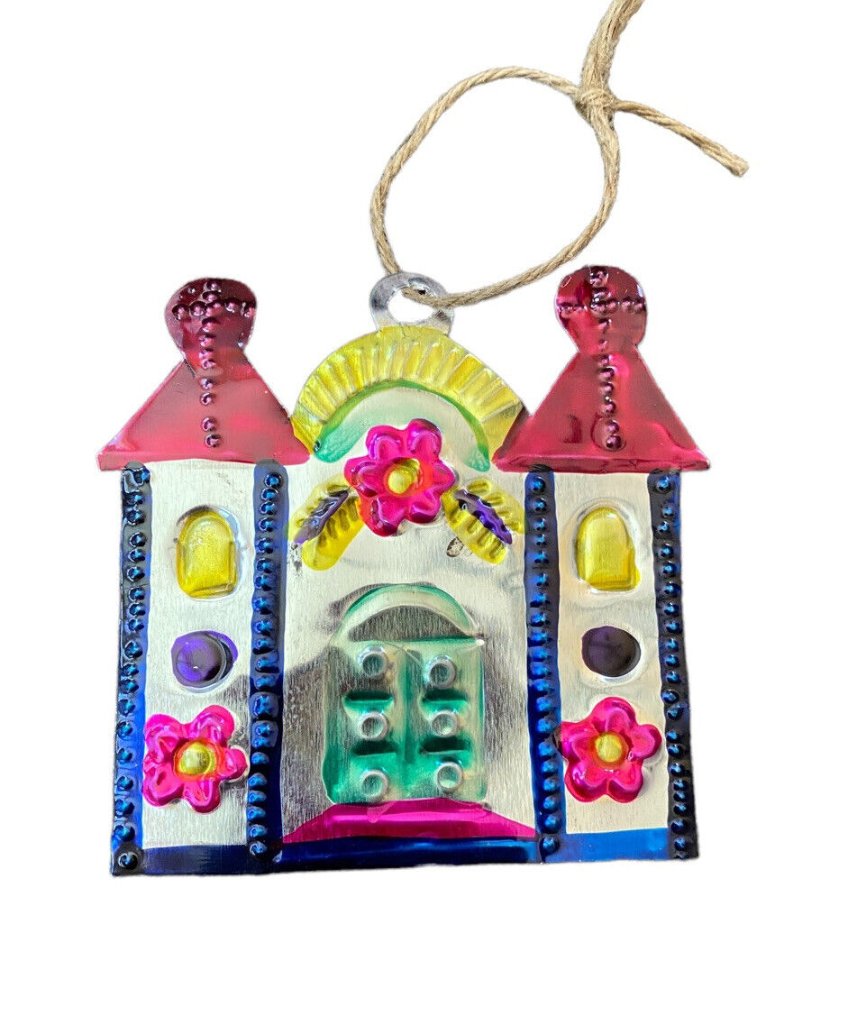 Vtg Handmade Stamped Tin Mission Church Christmas Ornament Mexico Folk Art