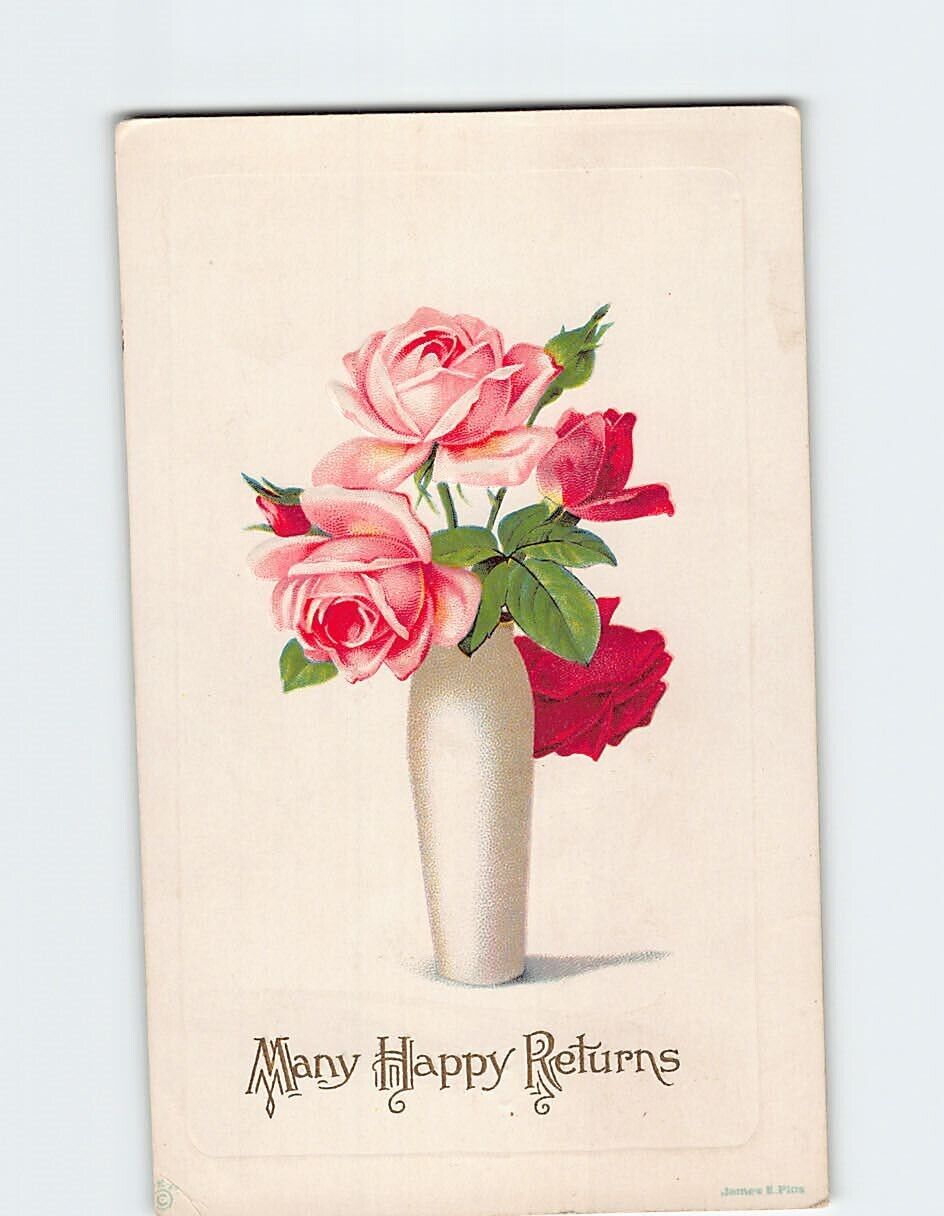 Postcard Many Happy Returns Pink Roses on a Vase Art Print Embossed Card