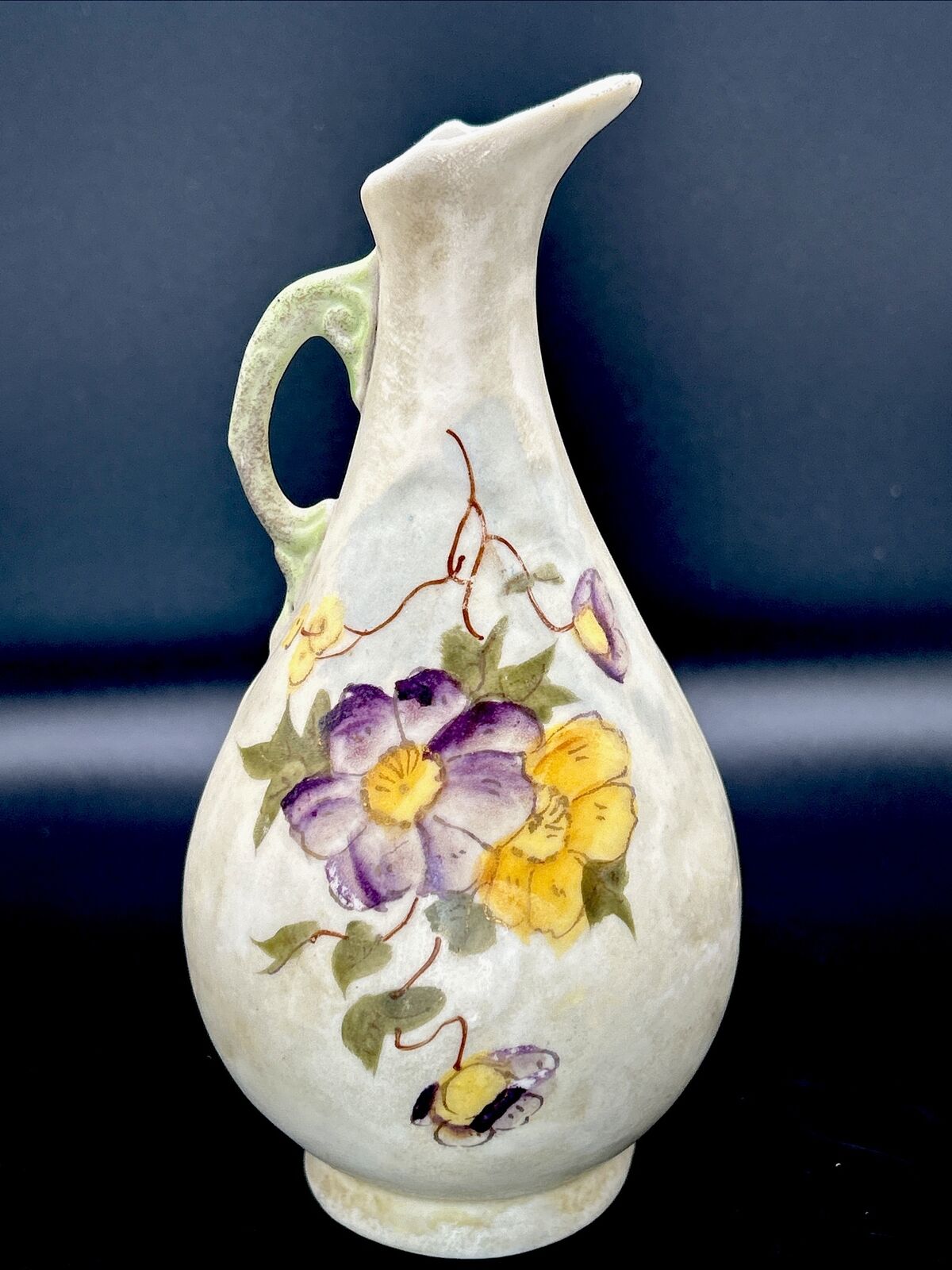Vintage Porcelain Hand Painted Violets & Floral Jug  Spout Vase 6 Inches Signed.