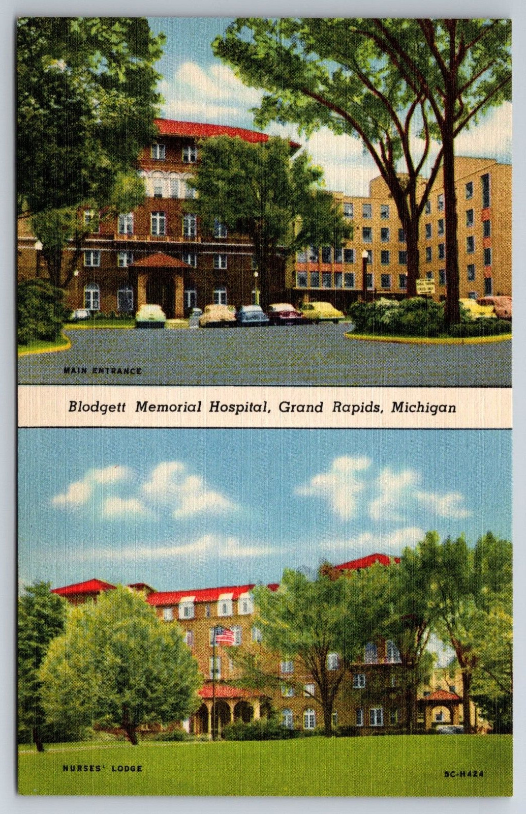 Vintage Postcard MI Grand Rapids Blodgett Memorial Hospital Old Cars Linen