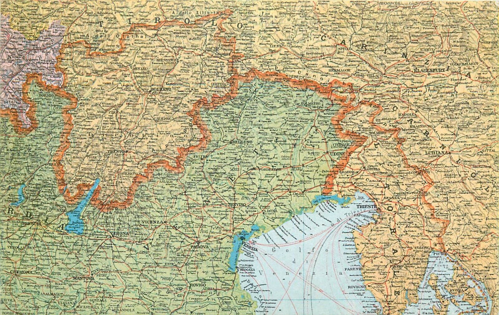 Italian eastern borders after the World War 1914-1918 unredeemed lands map
