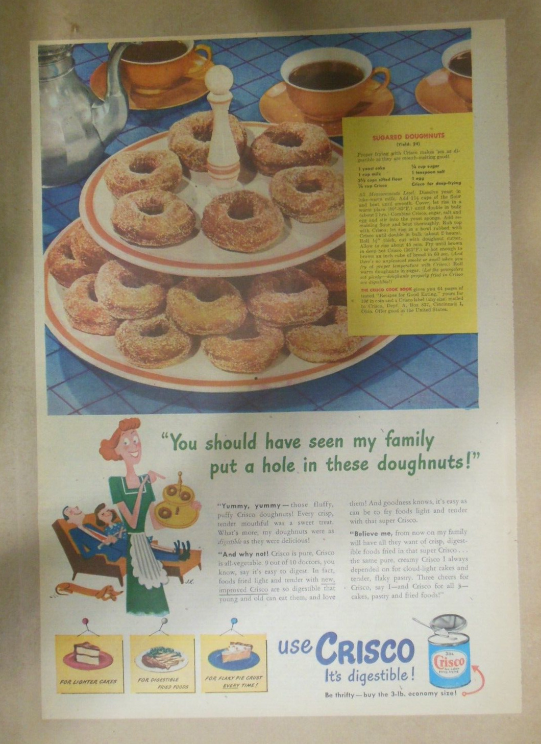 Crisco Shortening Ad: Sugared Doughnuts Recipe  1940\'s Size: 11 x 15 inches