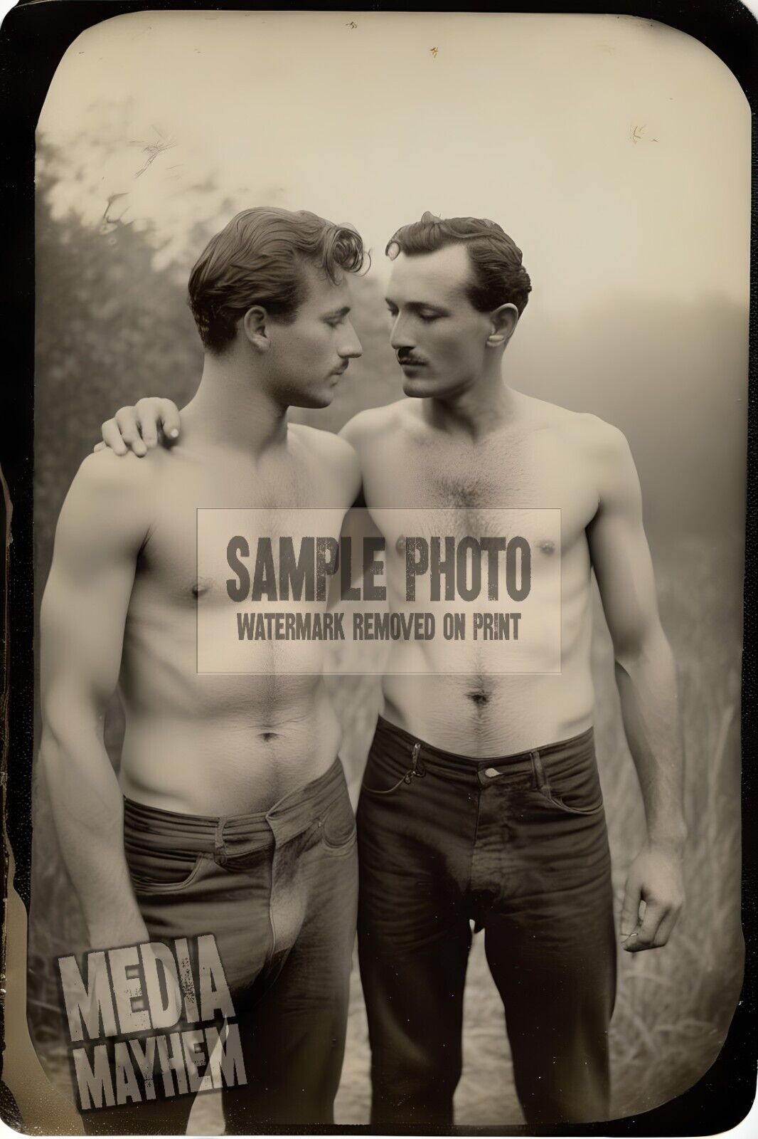 Two Shirtless Men in Jeans on verge of Kissing Print 4x6 Gay Interest Photo #127
