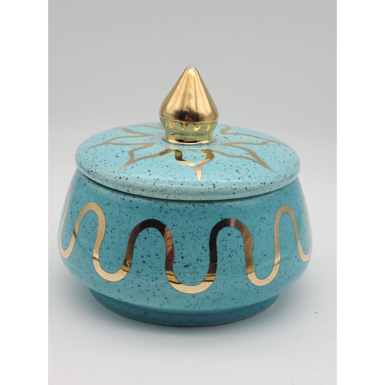 VTG Turquoise Atomic Speckled Blue Gold Ceramic Dish Wolff Ceramics USA MCM