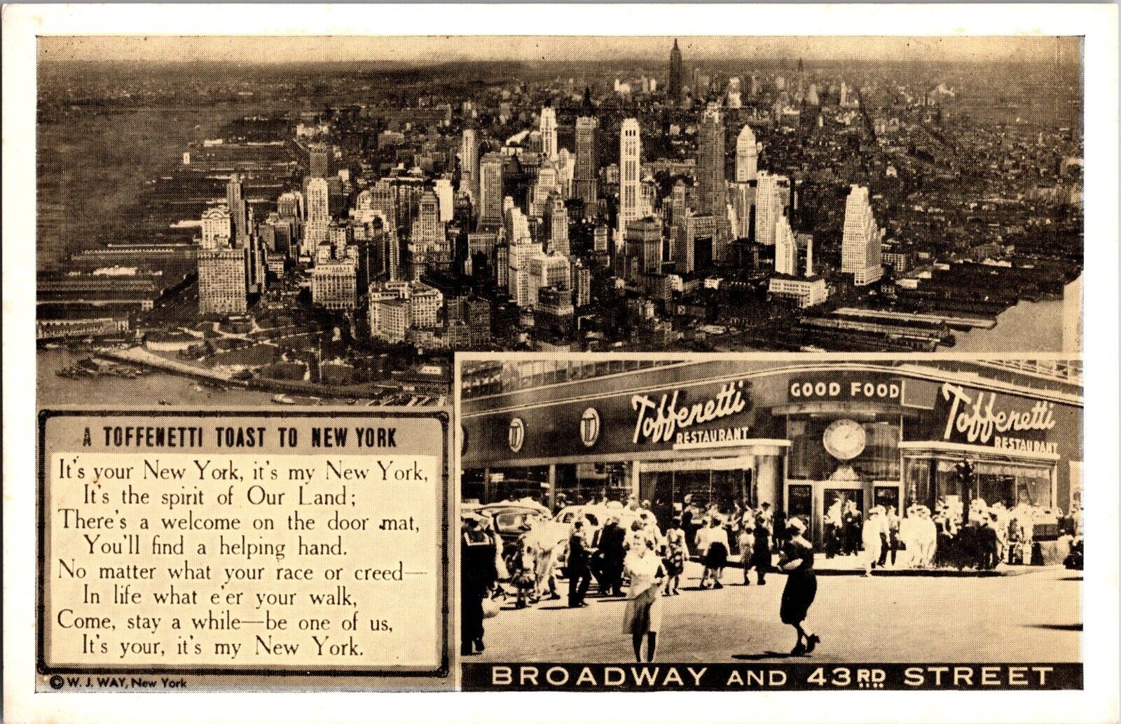 Color Photoprint Postcard Toffenetti Restaurant Toast to New York Signed antique