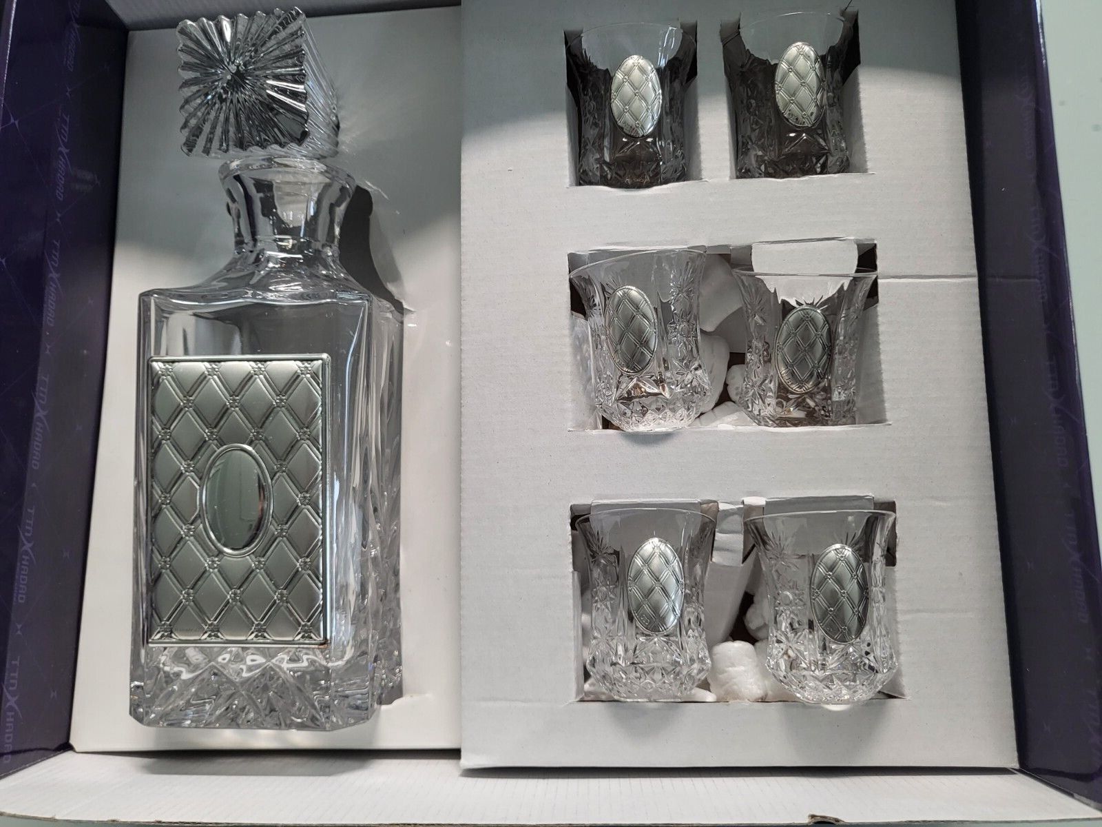 Hadad Silver on Crystal Bottle and 6 Shot Glasses in Box