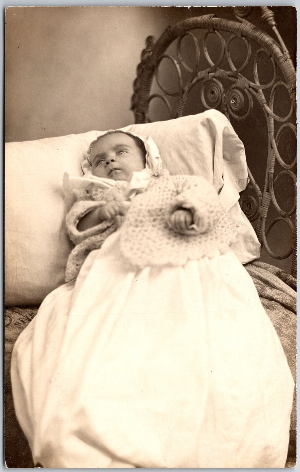 Infant Baby Child Photograph White Dress Lying on Chair Christening Postcard
