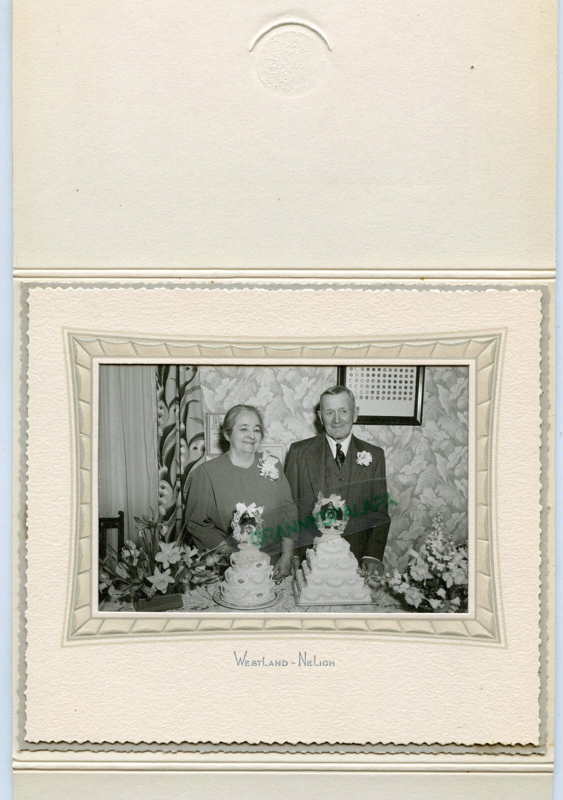 Antique Photo in Folder -Neligh, Nebraska - Older Man & Lady & 2 Cakes 