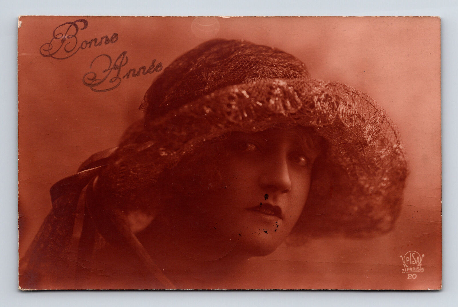 c1923 RPPC French Bonne Annee Portrait of Woman Lace Brimmed Hat Postcard
