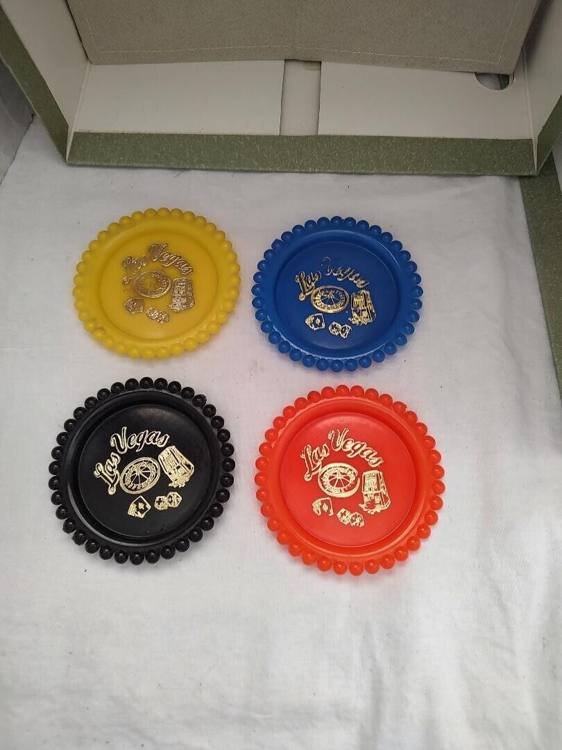 4 Vintage Las Vegas Plastic Drink Coasters Hong Kong Black, Yellow, Orange Blue