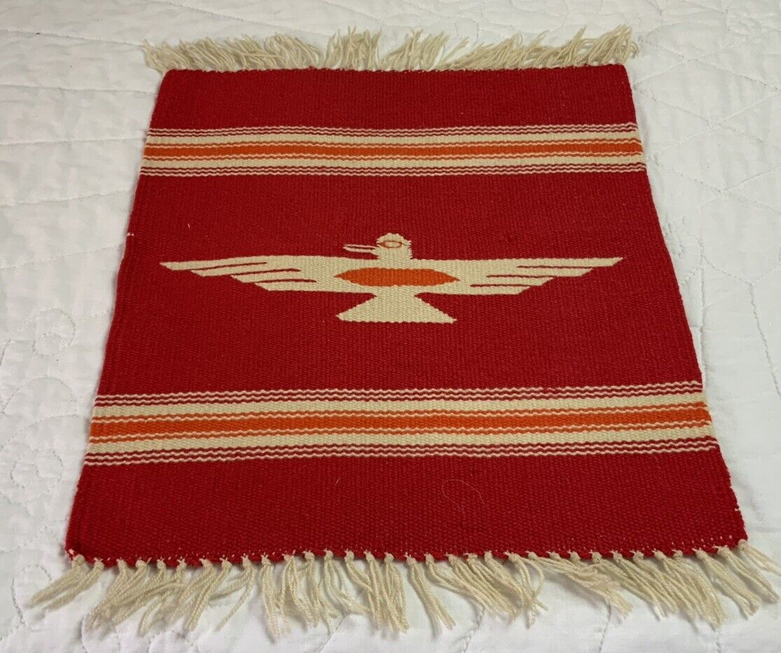 Antique Mexican Rug/Mat, Hand Woven, Stripes, Bird, Red, Orange, Off White, Wool