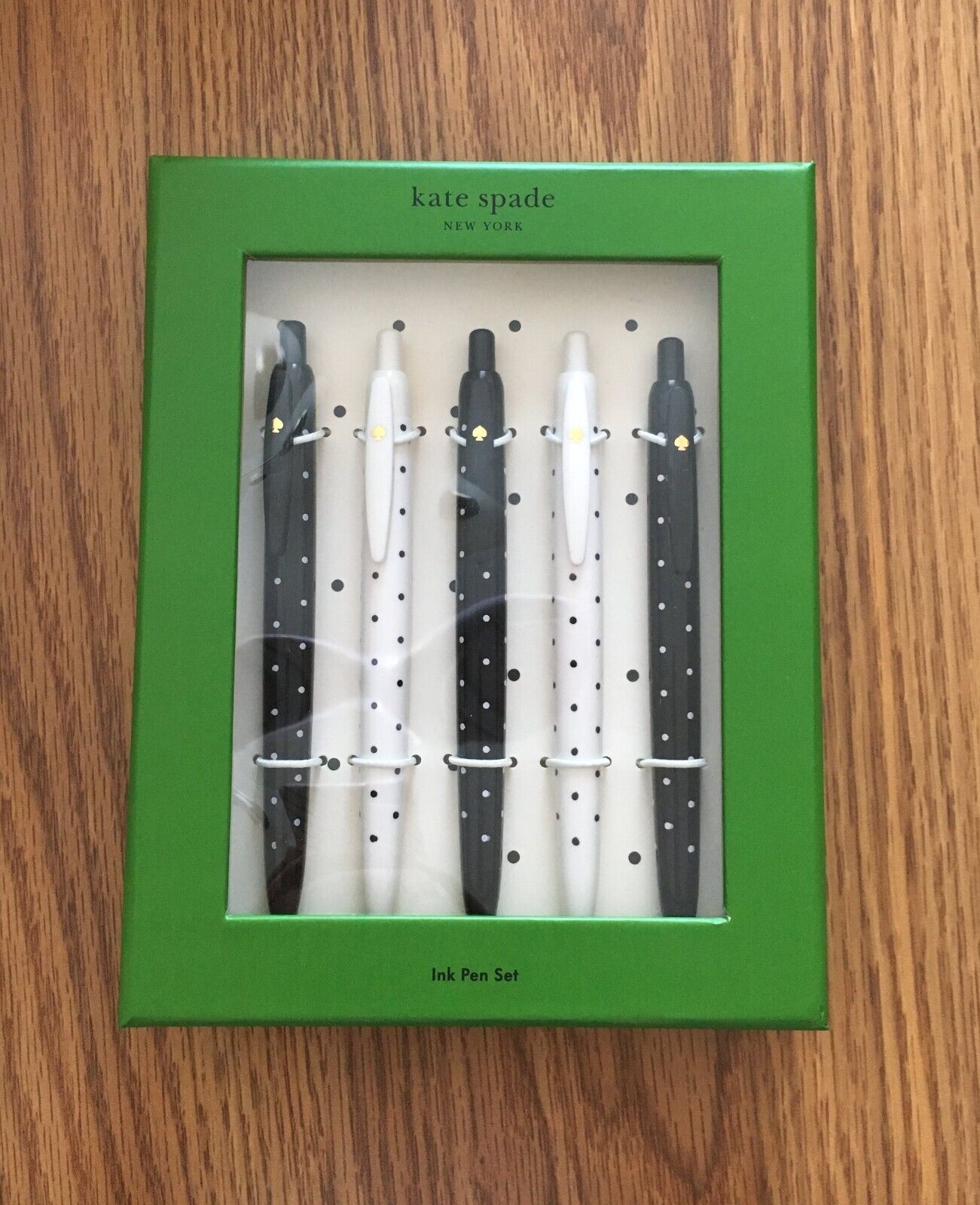 Kate Spade New York 5 Black Ink Pen Set - Polka Dot Retractable (New in Box)