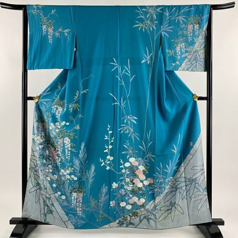 Woman Japanese Kimono Houmongi Silk Flower Wisteria Bamboo Blue Green