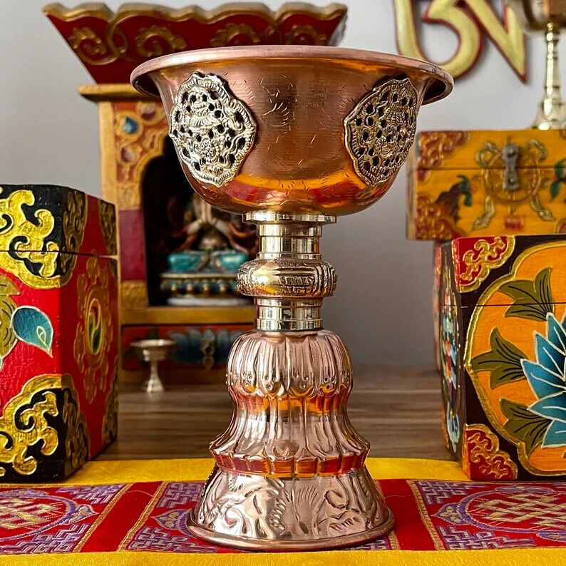 GH Copper & Brass Adorned Tibetan Buddhist Butter Lamp 6 inch