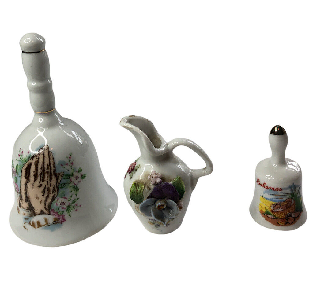 Lot of 3 Vintage Porcelain Bells Praying Hands Bahamas & 1 Mini Floral Jug