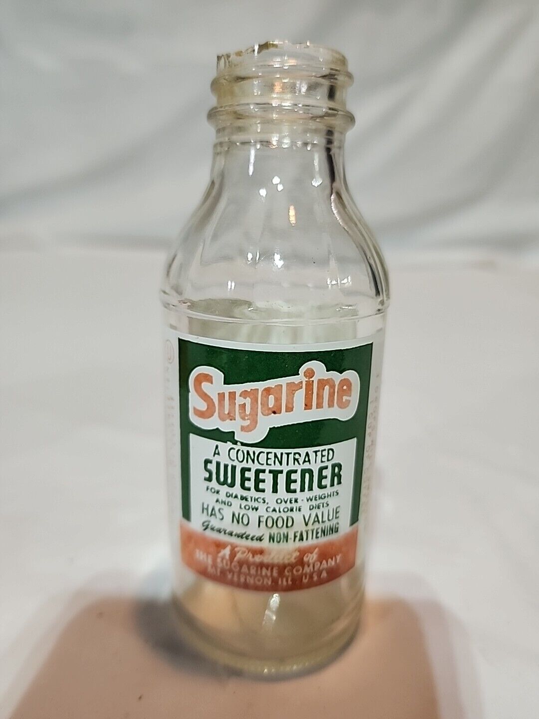 Rare Vintage Sugarine Glass Bottle With Intact Label 5in Collectible
