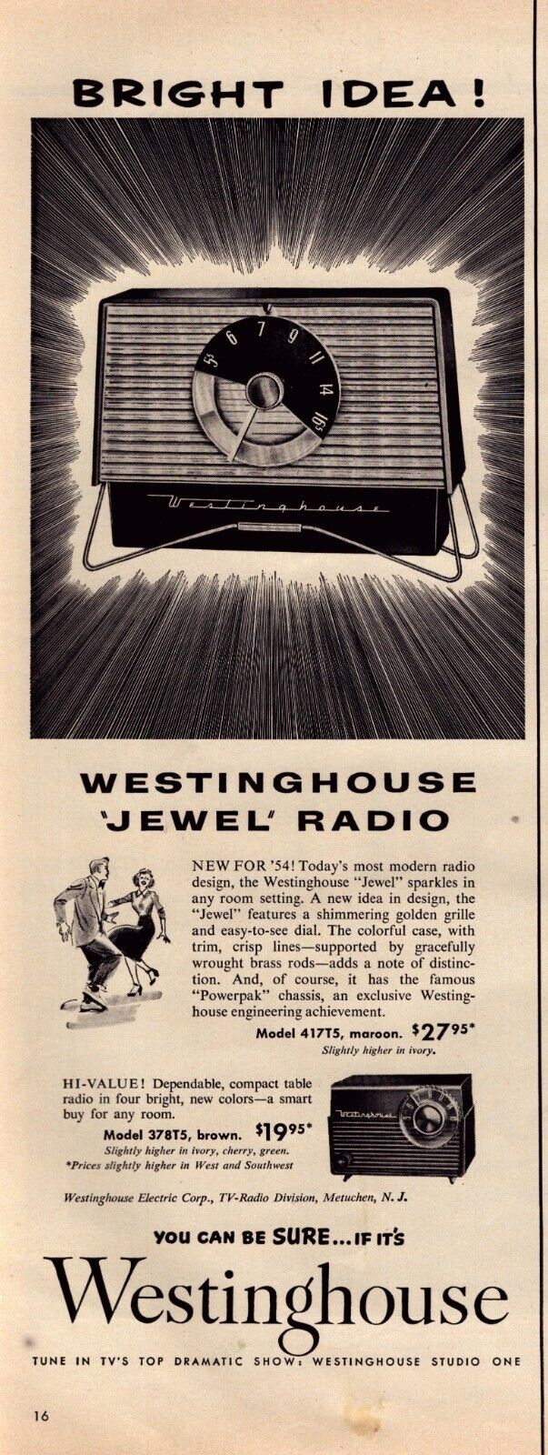 1954 Westinghouse Radio Print Ad Jewel Portable Bright Idea Dancing