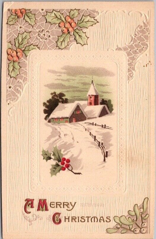 c1910s A MERRY CHRISTMAS Embossed Postcard Winter Church Scene BS Pub. Unused