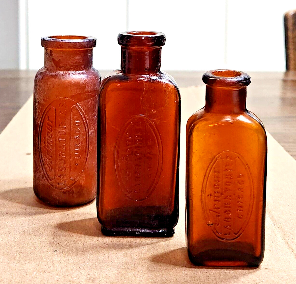 Lot of THREE Antique Amber Armour Laboratories Chicago Bottles From The 1890s