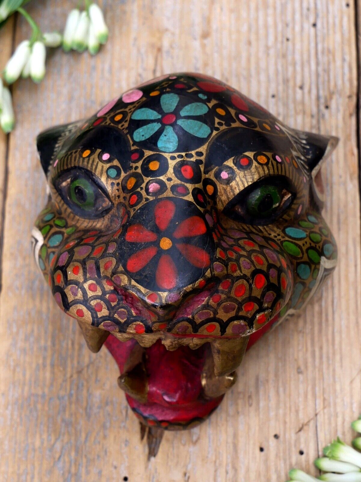#4 Leopard Jaguar or Tiger Wood Mask Small Sz Handmade Guerrero Mexican Folk Art