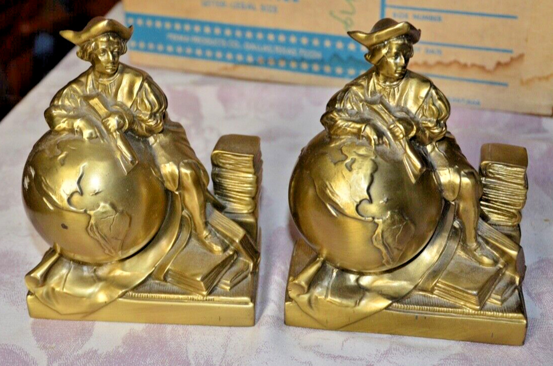 Vintage PM Craftsman Brass Columbus Bookends - Excellent Condition