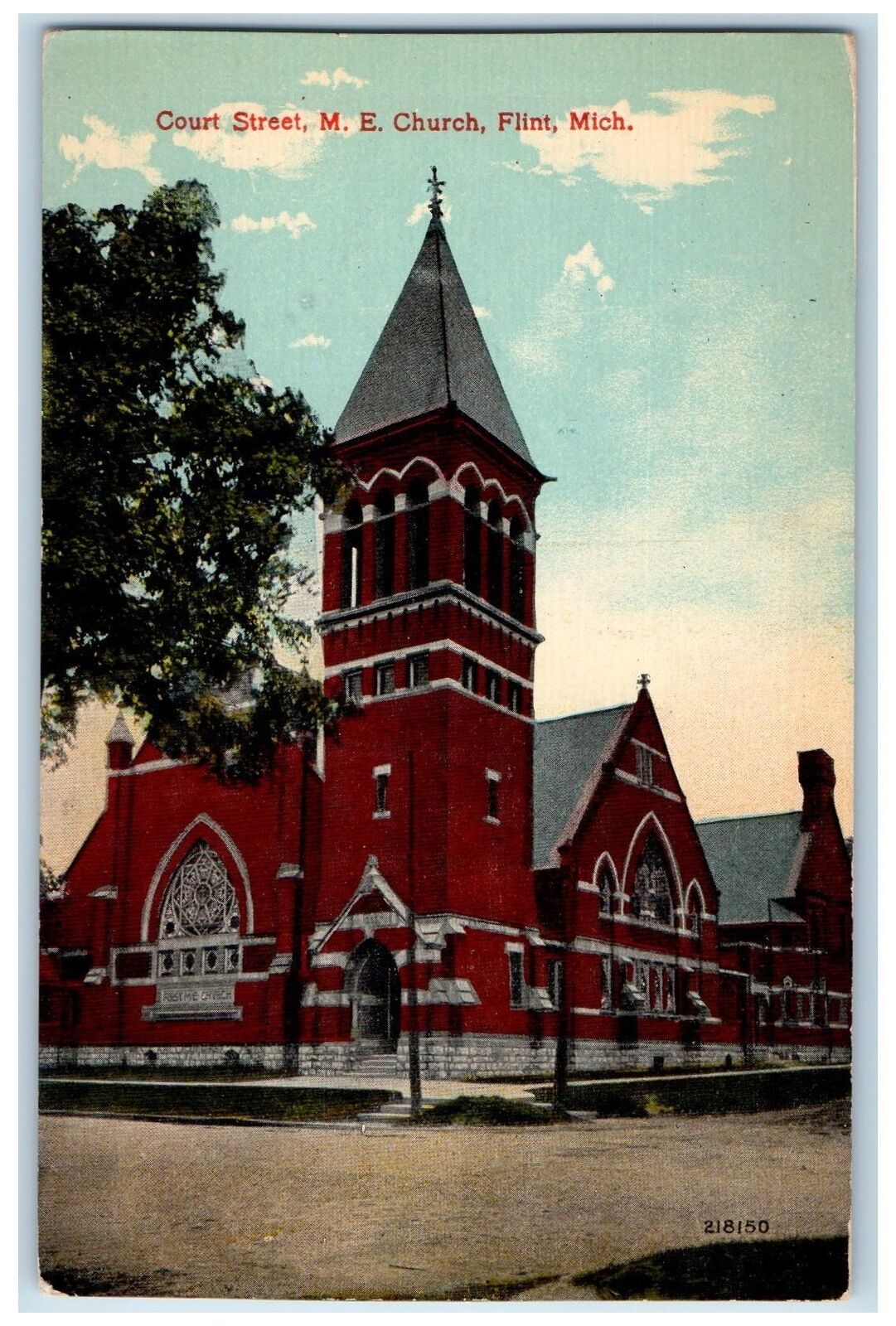 c1950\'s Court Street Methodist Episcopal Church Building Tower Flint MI Postcard