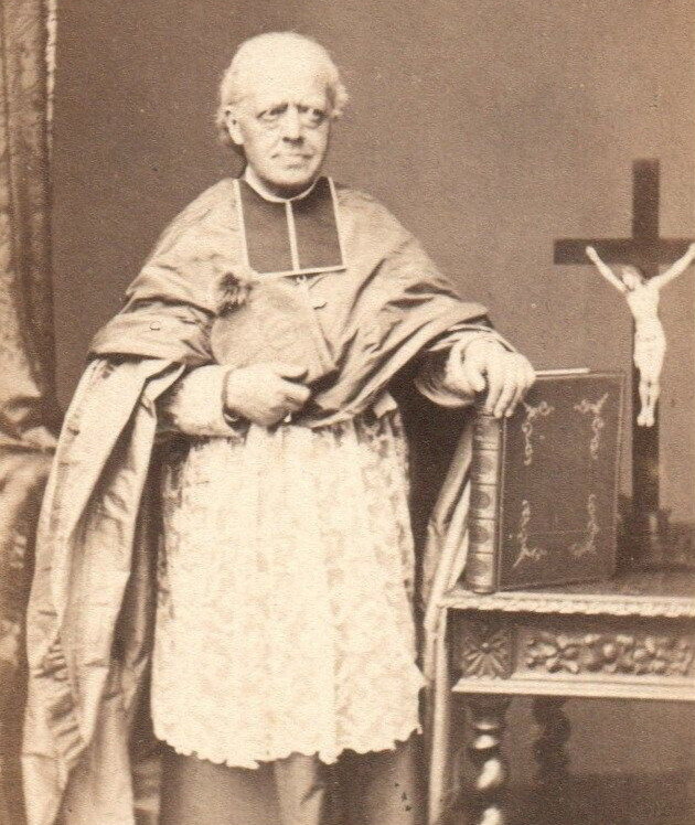 1870 CDV Pierre-Louis Parisis Bishop poses near a large Bible. Photo Franck