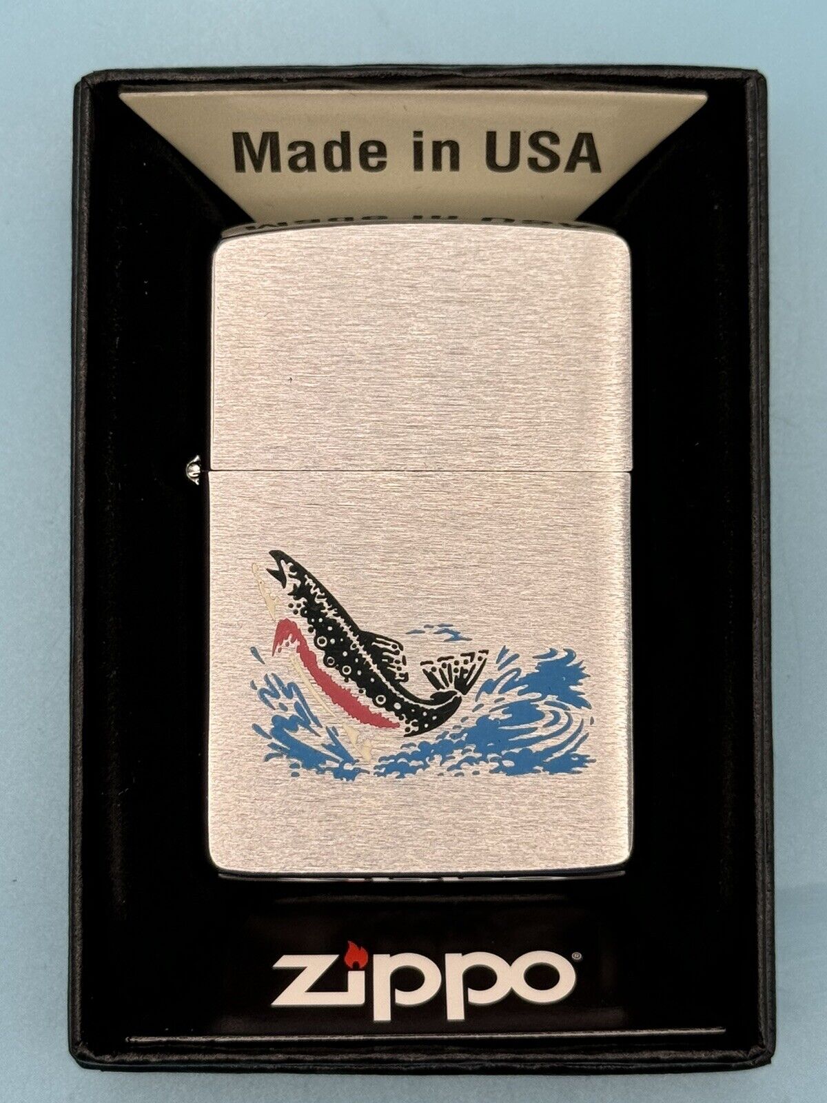 Vintage 1993 Trout Fish Jumping Out Of Water Chrome Zippo Lighter New