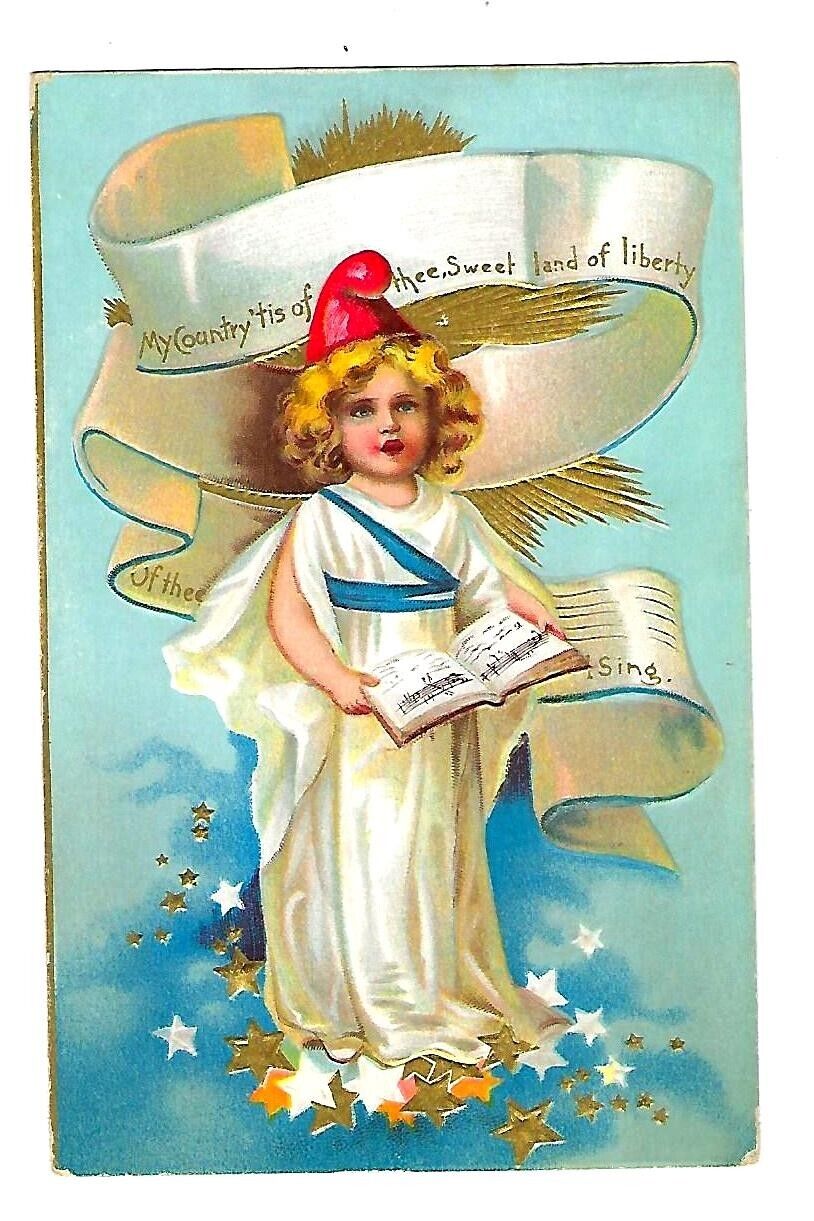 1909 Patriotic Postcard Miss Liberty My Country Tis Of Thee, Embossed