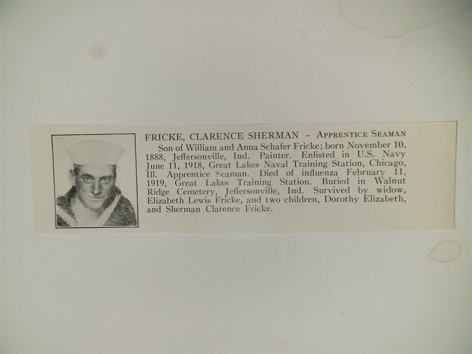 Clarence Fricke Jeffersonville Indiana Great Lakes Naval 1921 WW1 Hero Panel