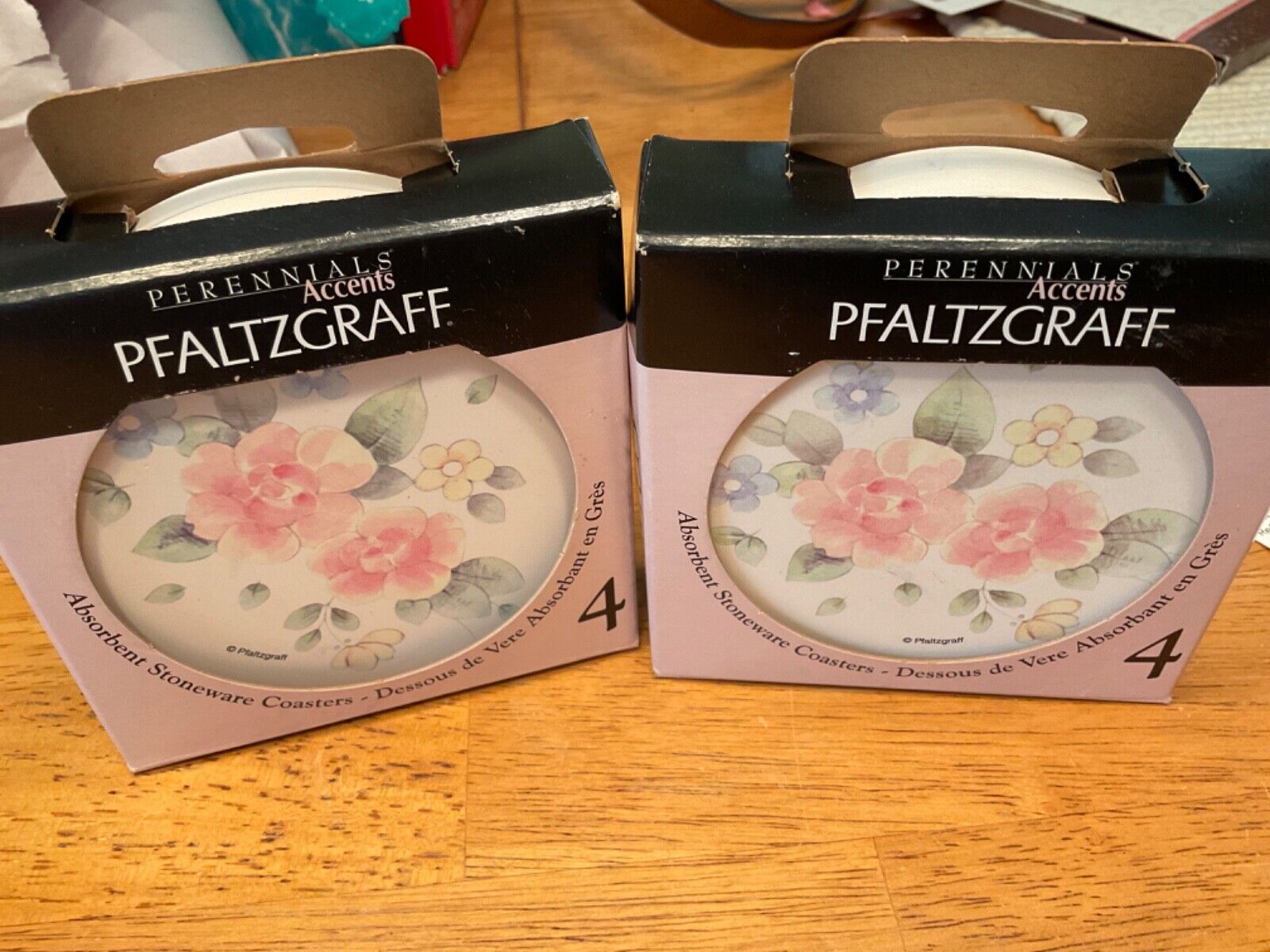 1 NEW Pfaltzgraff Tea Rose round stoneware coasters . Natural cork back . 4 pack