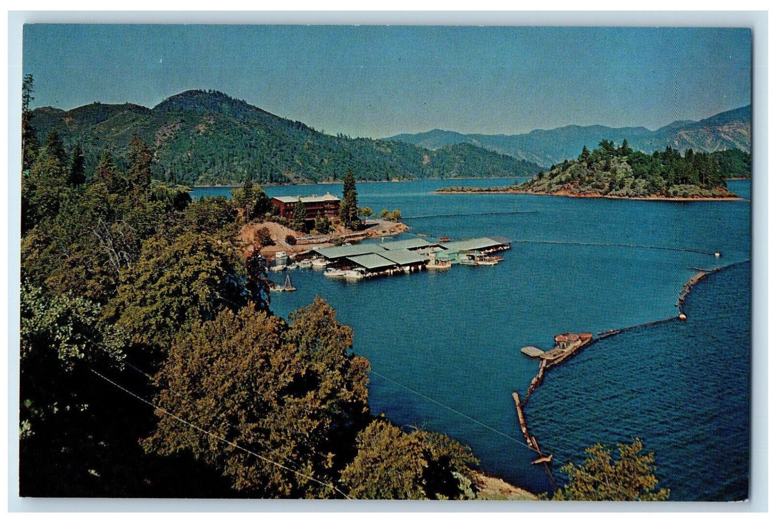 c1950\'s Boat Landing River Mountains Shasta Lake California CA Postcard