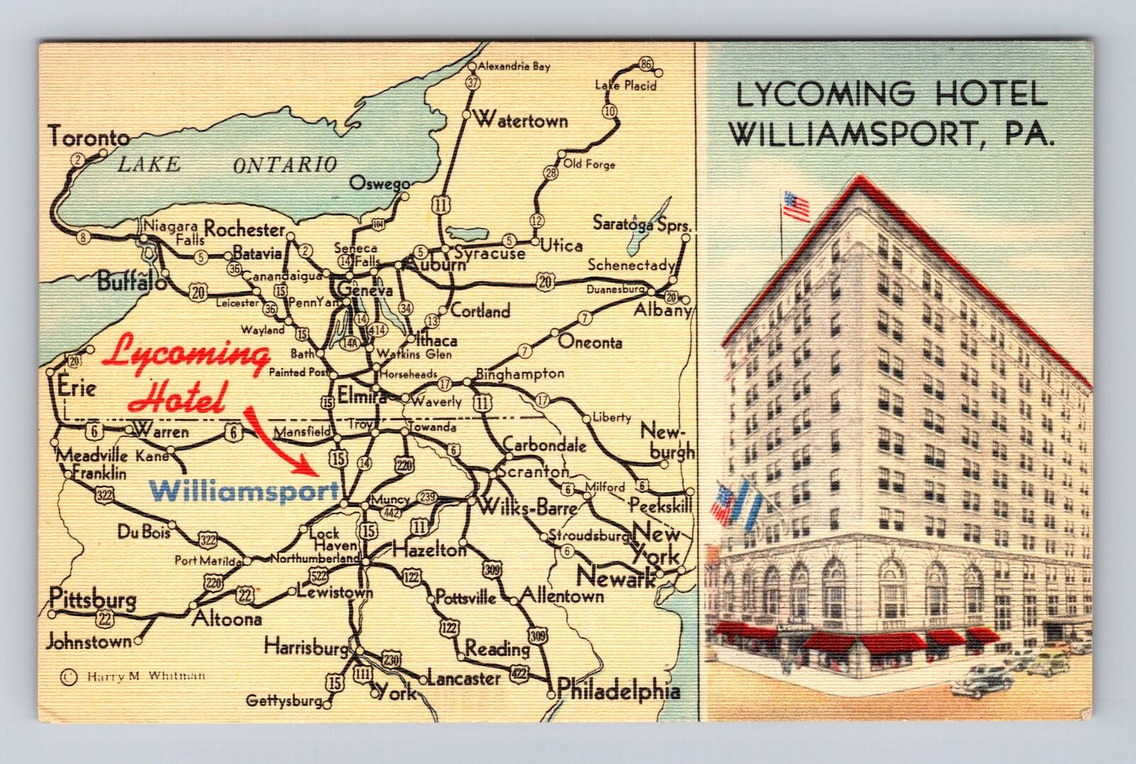 Williamsport PA-Pennsylvania, Lycoming Hotel, Map of Area, Vintage Postcard