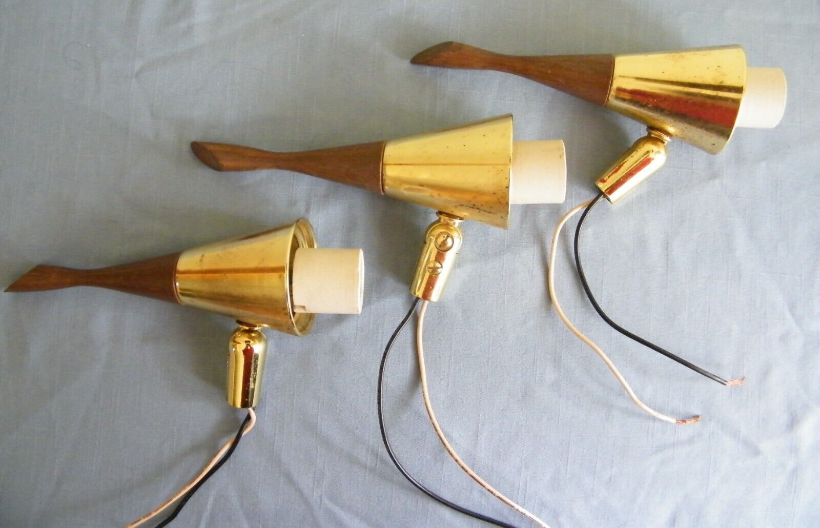 3 Vintage Tension Pole Floor Lamp Parts Gold Tone & Wood ~ Shade Holder Sockets
