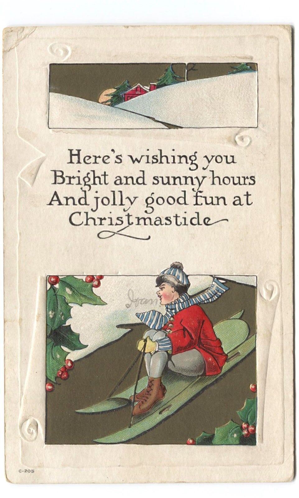 Postcard Christmas Boy Skiing 1917 
