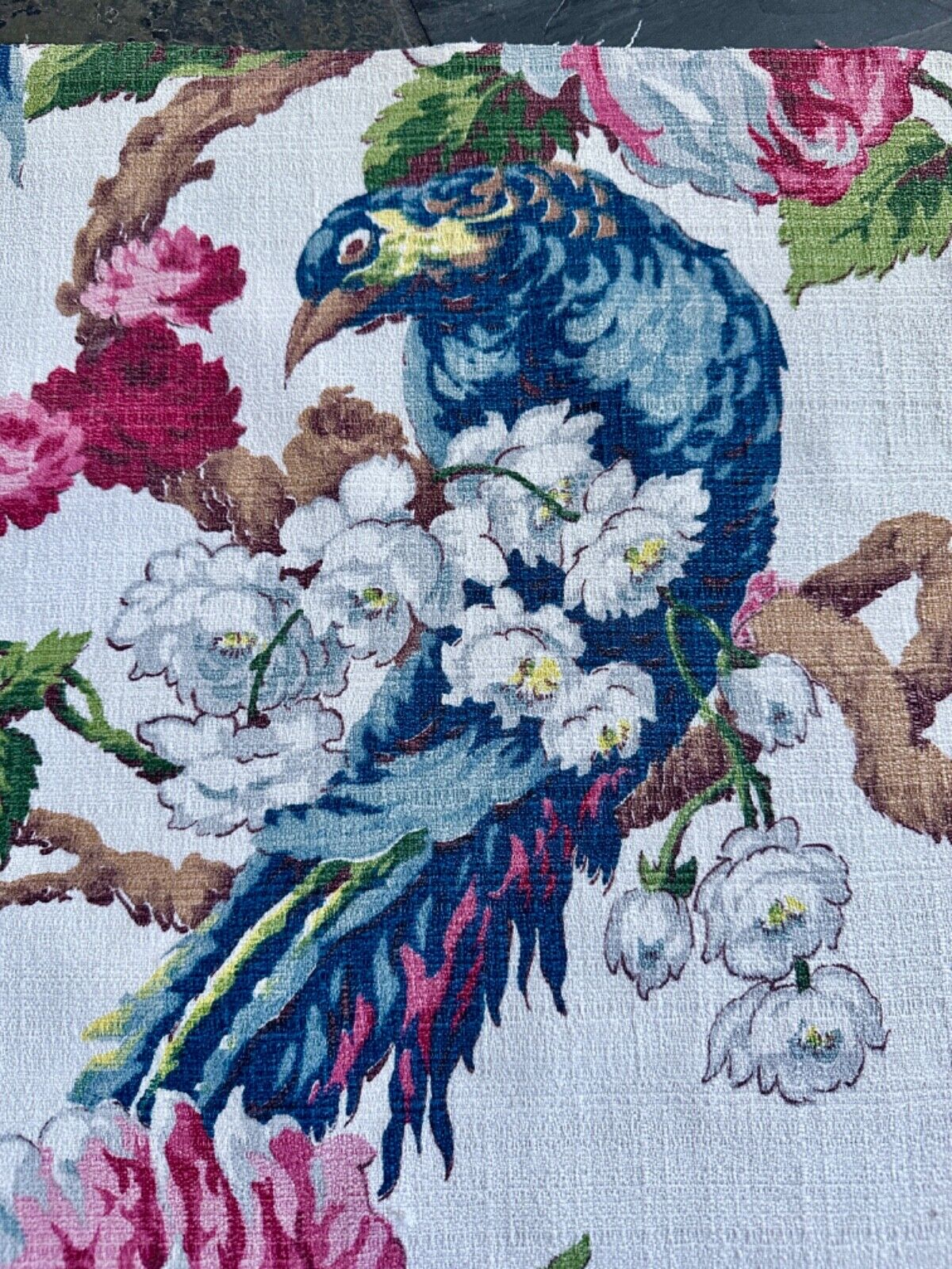 Celestial Midnight Blue RAVEN & Cluster Roses Barkcloth Vintage Fabric PILLOWS