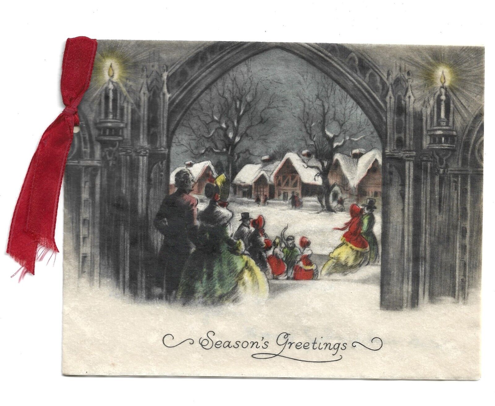 Vintage Christmas Victorian\'s Church Outside People Strolling Homes Winter Scene