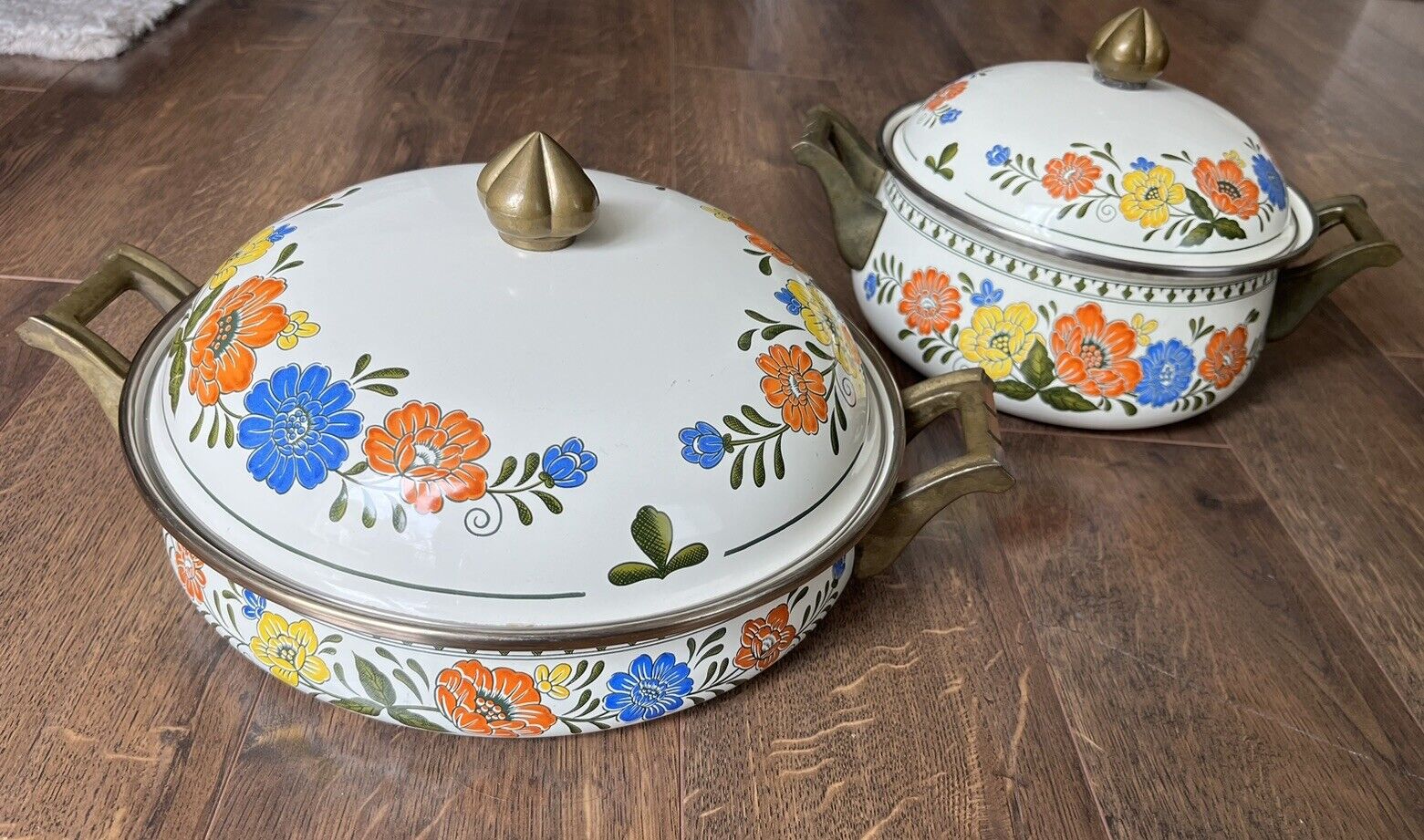 Vintage Regency Enamel Floral Cookware 2 Piece Set Pots Pans W/Lids