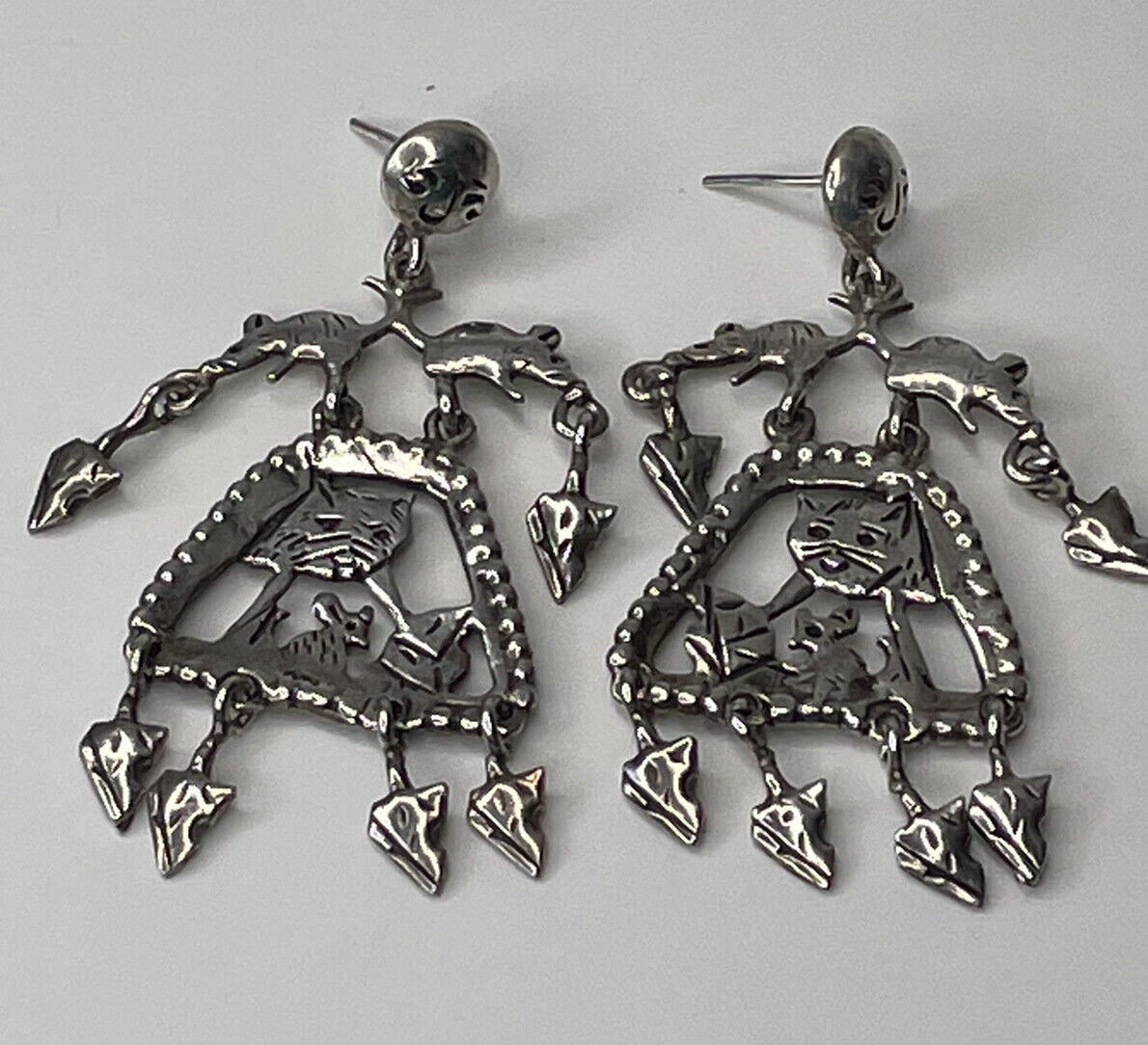 Cat, Mouse & Cheese  Artisan Unusual Drop Earrings Sterling Silver Very Detailed