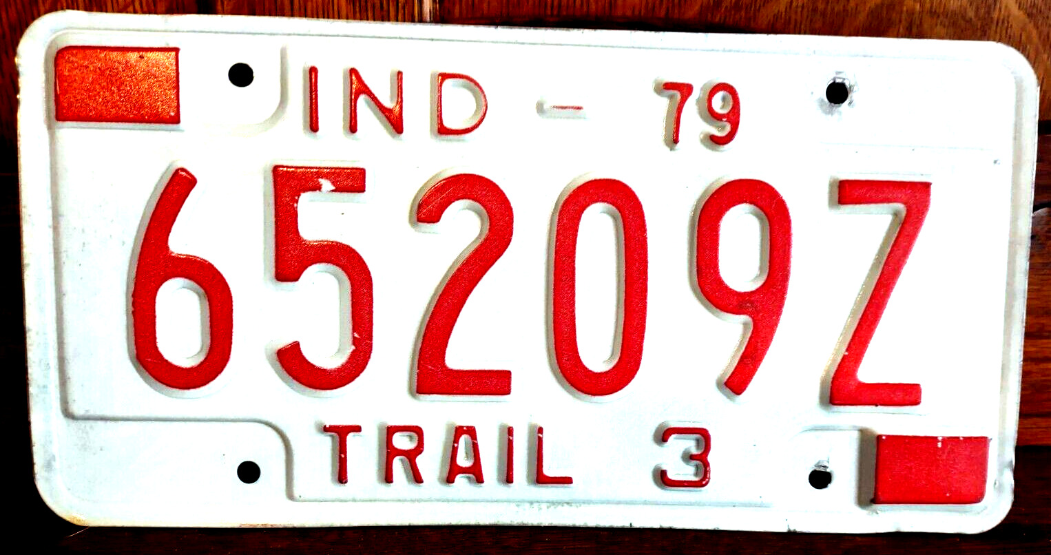 Indiana 1979 Red on White Metal Expired License Plate Tag 65209Z Trail 3 Trailer