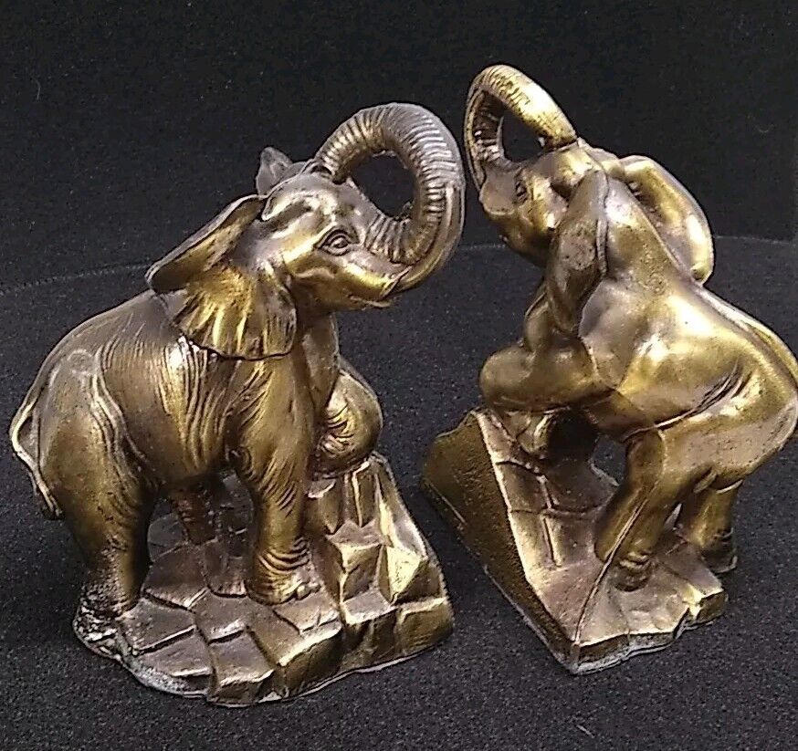 70s Vtg SCC Elephant Trunck Up Pair Bookends Dark Brass/Bronze Color Metal 1975