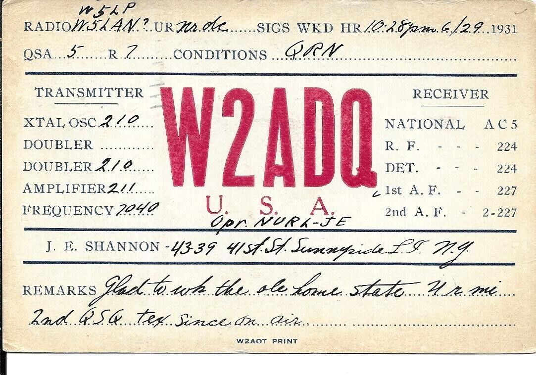 QSL 1931 Sunnyside  New  York     radio card