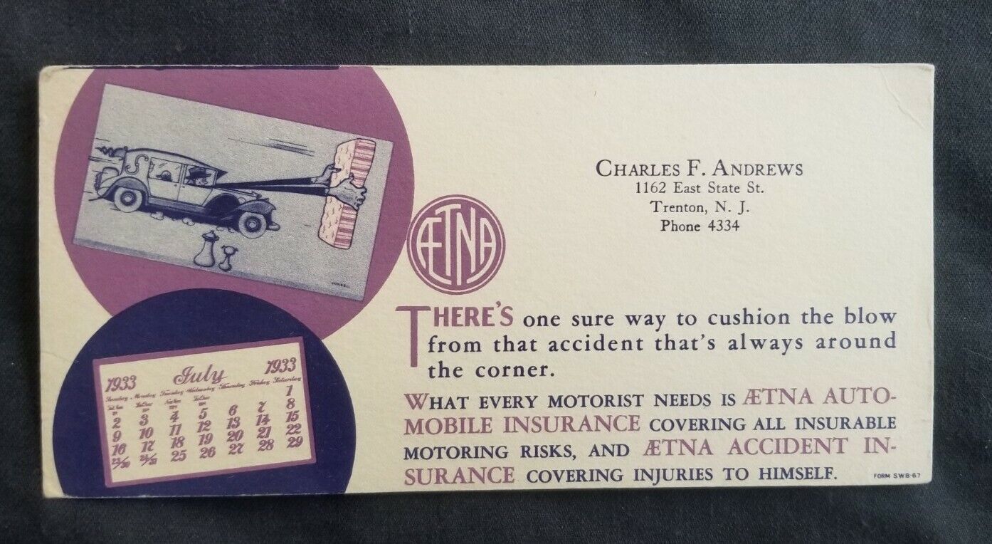 Vtg 1930s Aetna Automobile Insurance Advertising Ink Blotter July 1933 Cartoon
