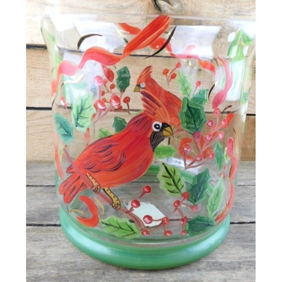 Hand Painted Glass Cardinal Holiday Hurricane Candle Holder Decoration