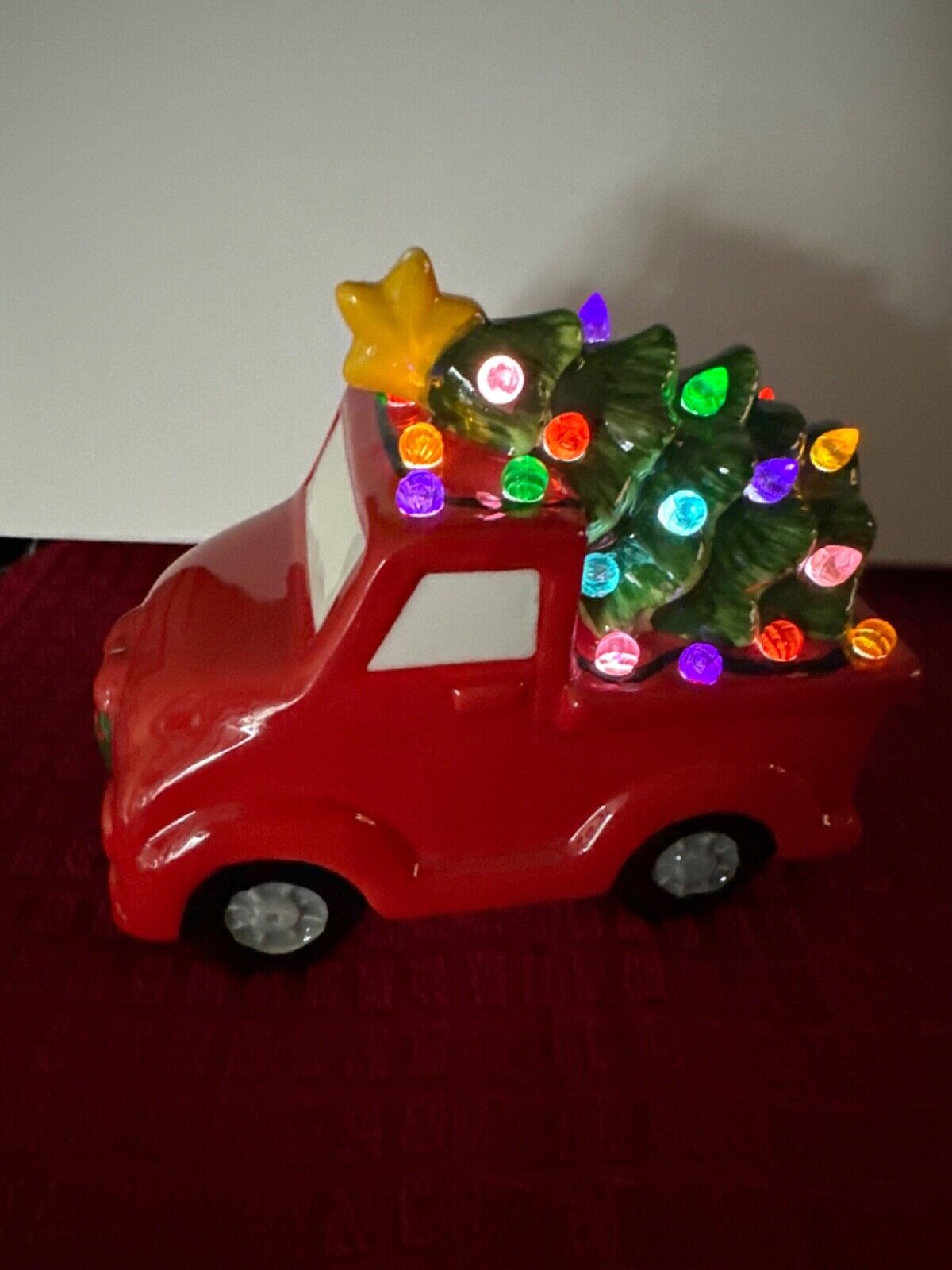 Ceramic Christmas Tree and Vintage Truck Battery Powered Holiday Tabletop Decor.