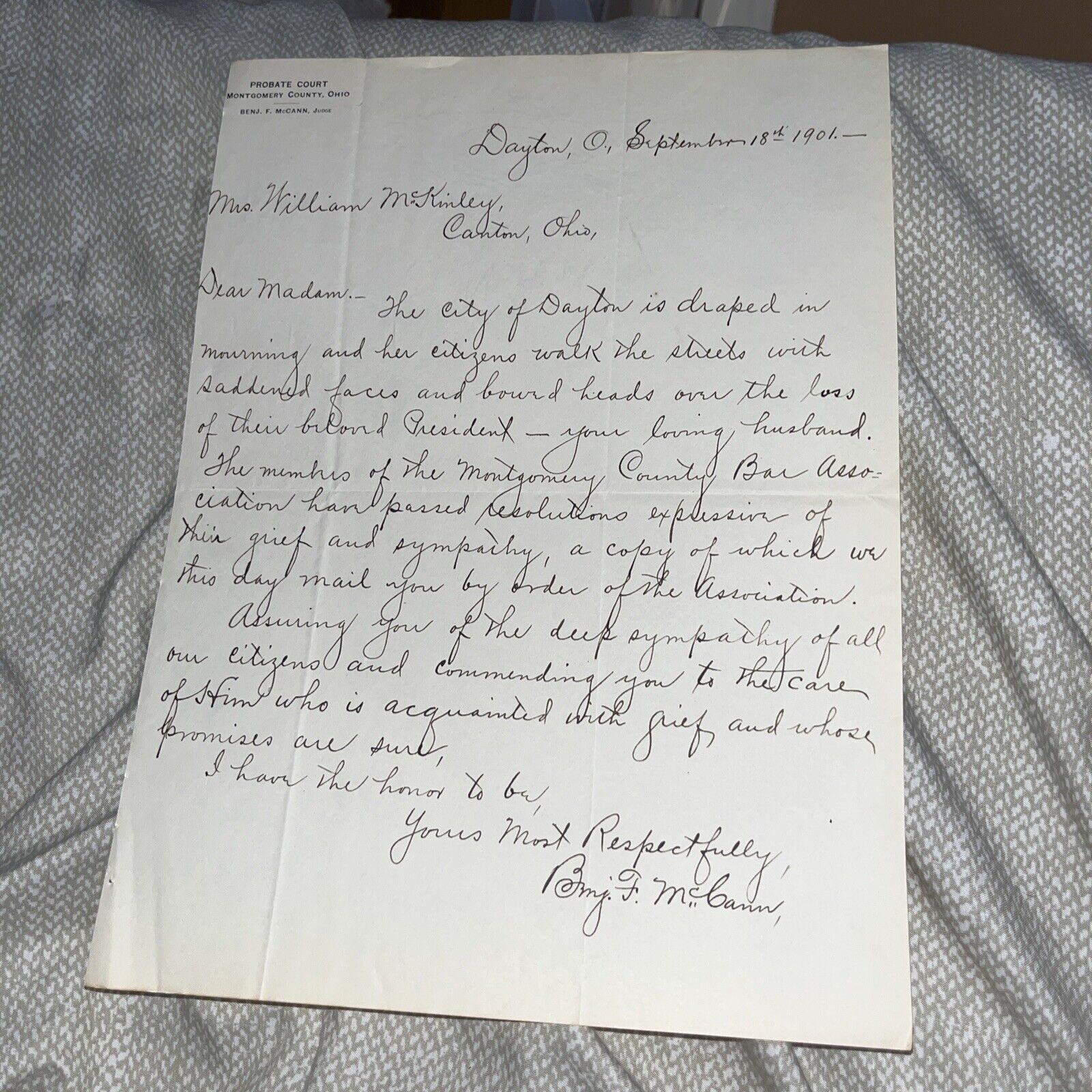 1901 Dayton Ohio Bar Association Cover Letter on McKinley Assassination