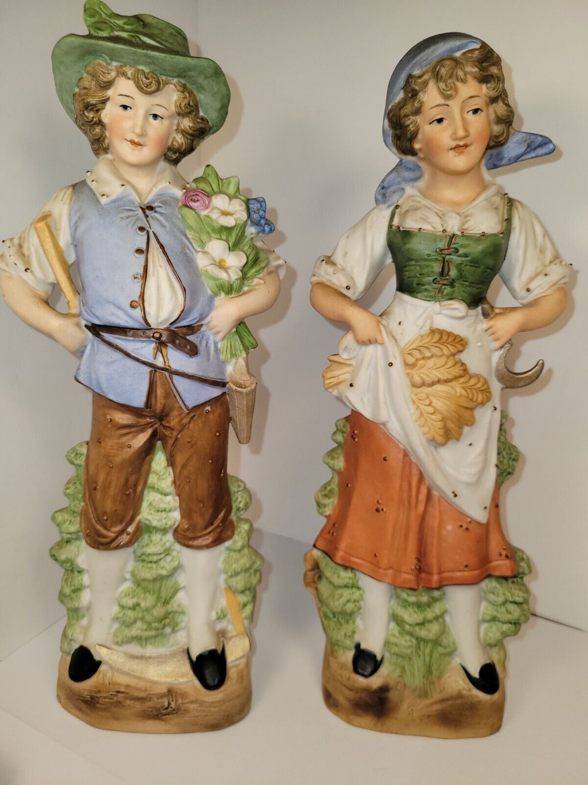 Antique German Bisque Porcelain 12 Inch Girl And Boy Figures 