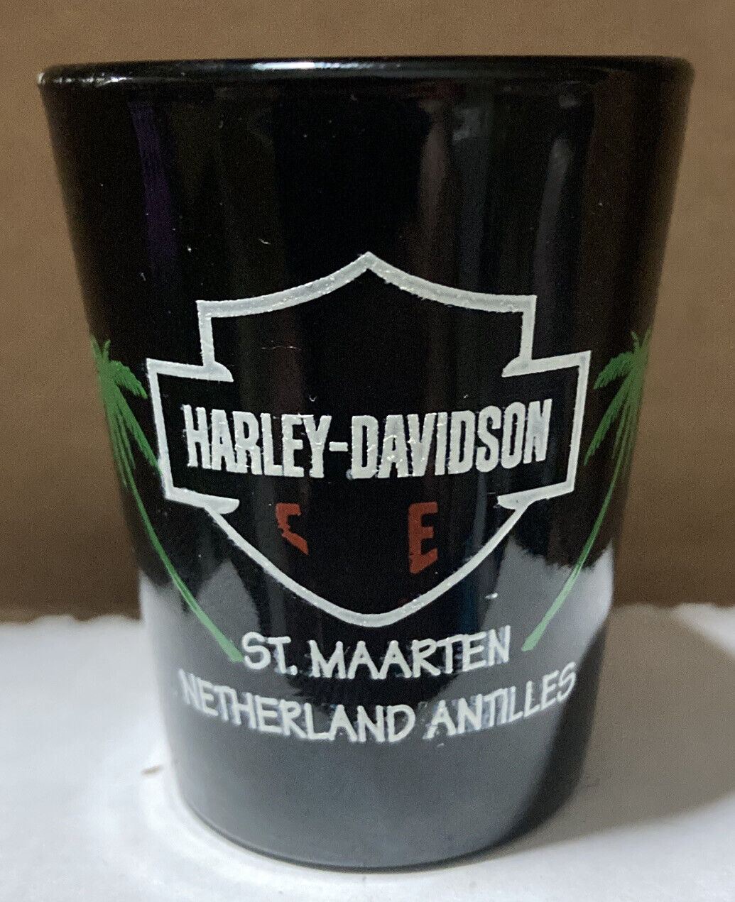 HARLEY DAVIDSON SHOT GLASS PALM TREES ST.MAARTEN NETHERLAND ANTILLES