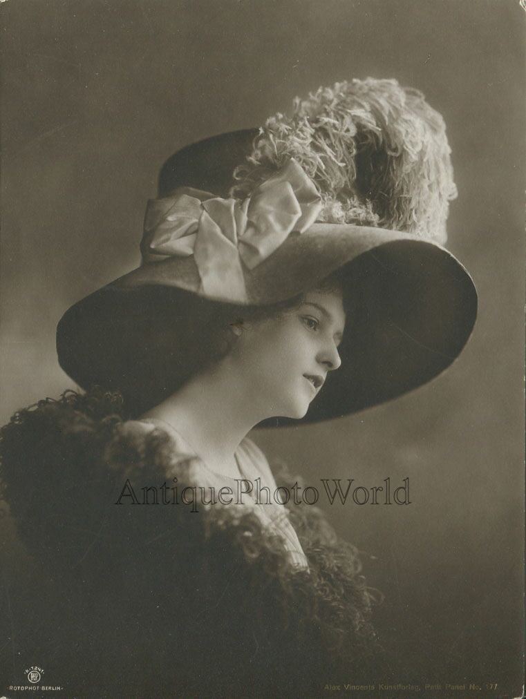 Beautiful woman in amazing large hat antique fashion photo Germany